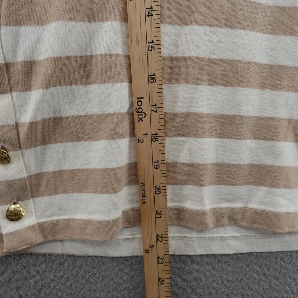 J Crew Button Side Stripe Top Medium Tan White Cotton Long Sleeve‎ Womens Tee